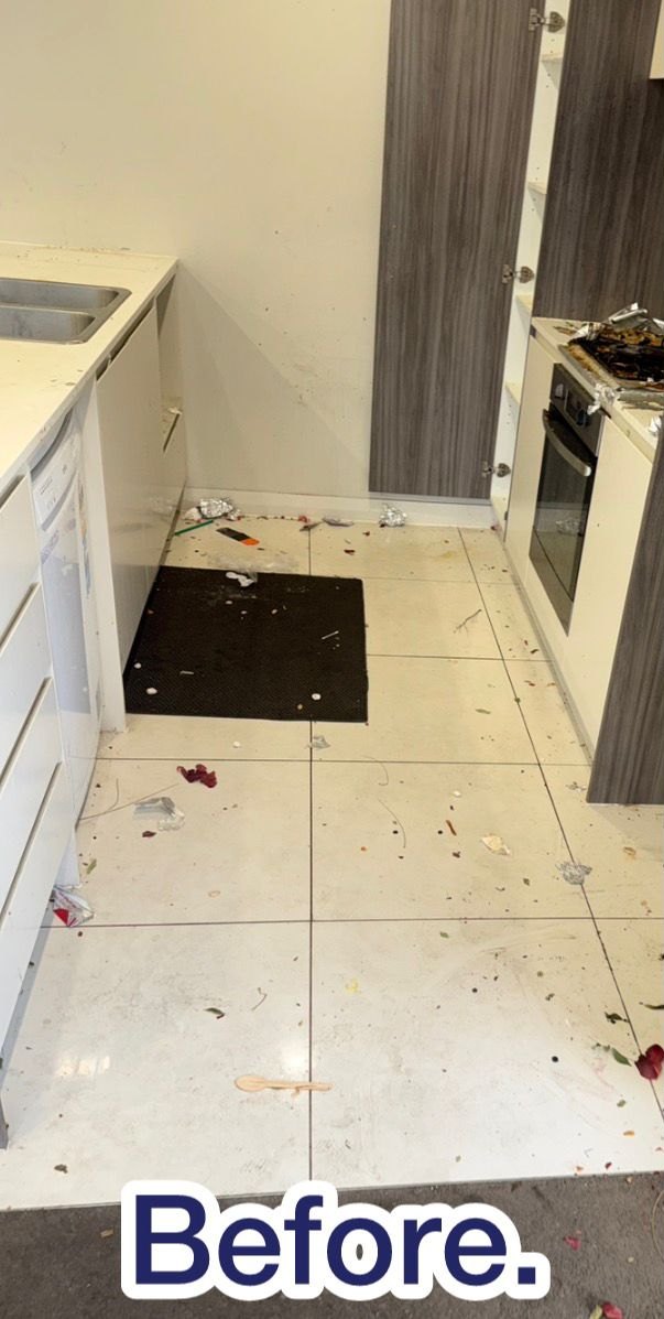 Sydney rental kitchen before end of lease cleaning — rubbish and mess on the floor
